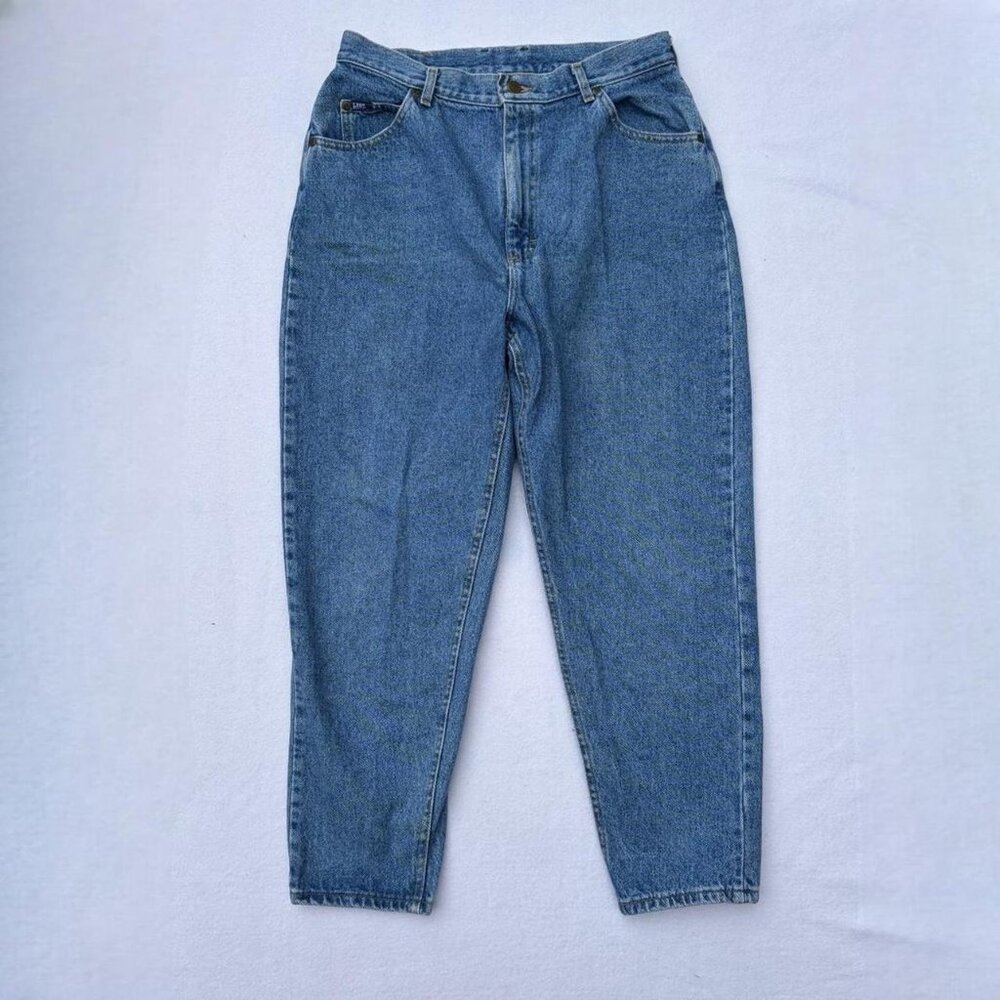 Vintage Lee Stonewash High Waist Tapered Blue Denim Jeans Sz 16 Petite Mom Jeans